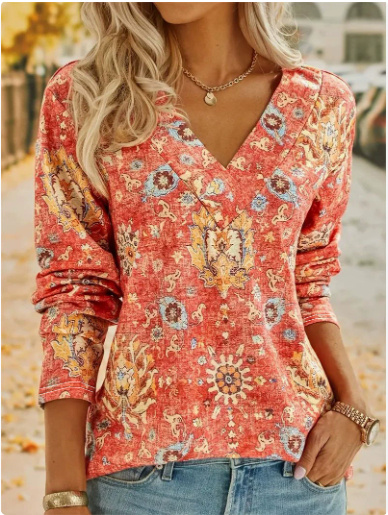 Big Size Bohemian Printed Long Sleeve T-Shirt Summer Fashion V-Neck Top Beach Clothing For Women - Image 7