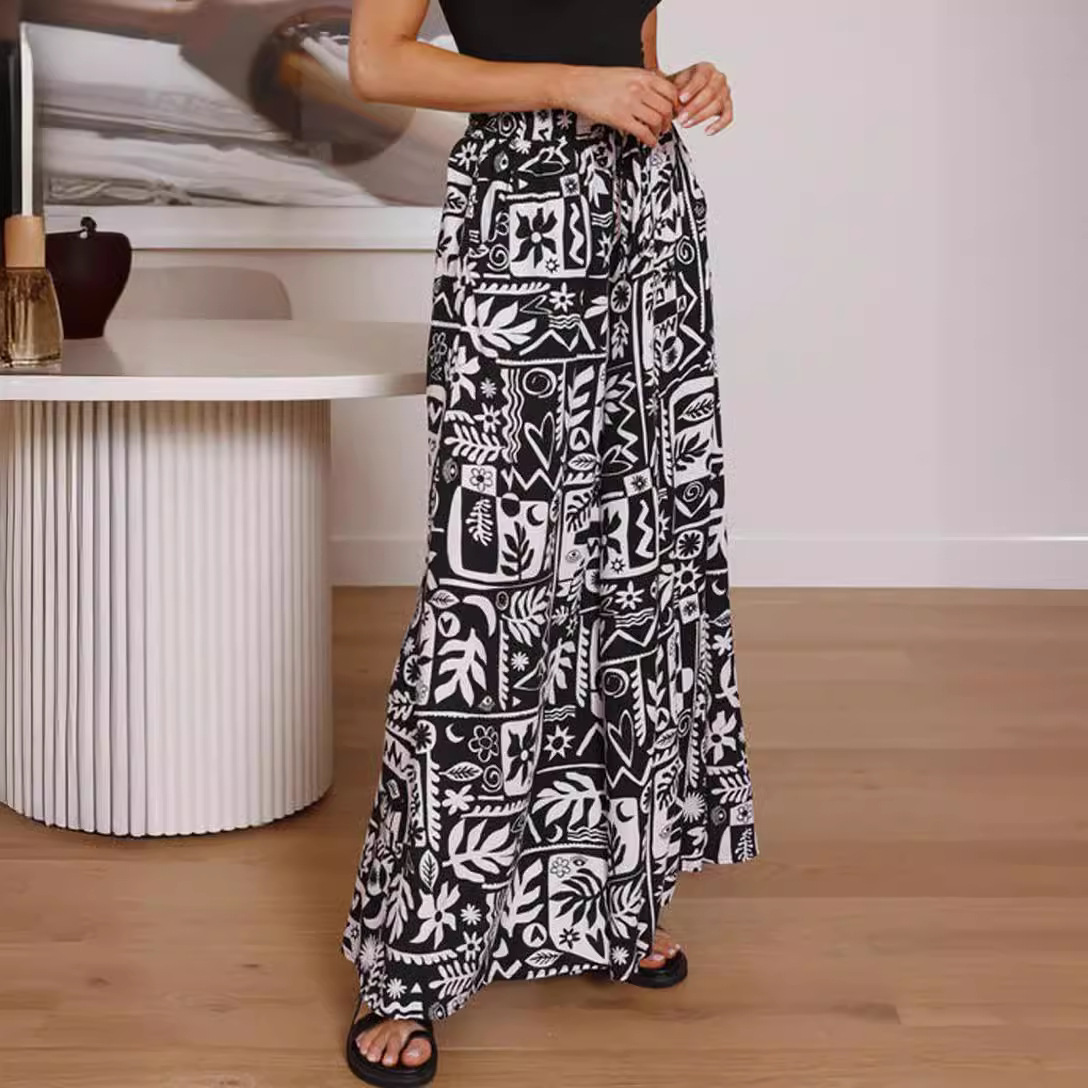 Flowers Printed Wide-leg Trousers Summer Casual Straight Pnats For Women Beach Clothing - Image 8