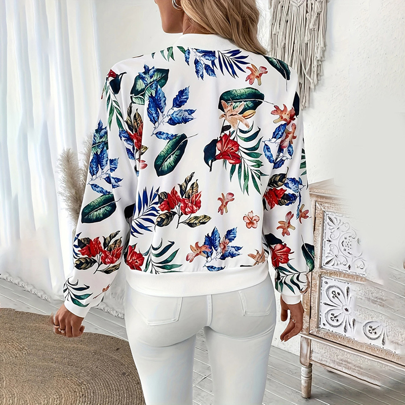 Women's Zip-Up Jacket With All-Over Botanical Print, Round Neck Long Sleeve Casual & Formal Wear For Spring&Fall - Image 8