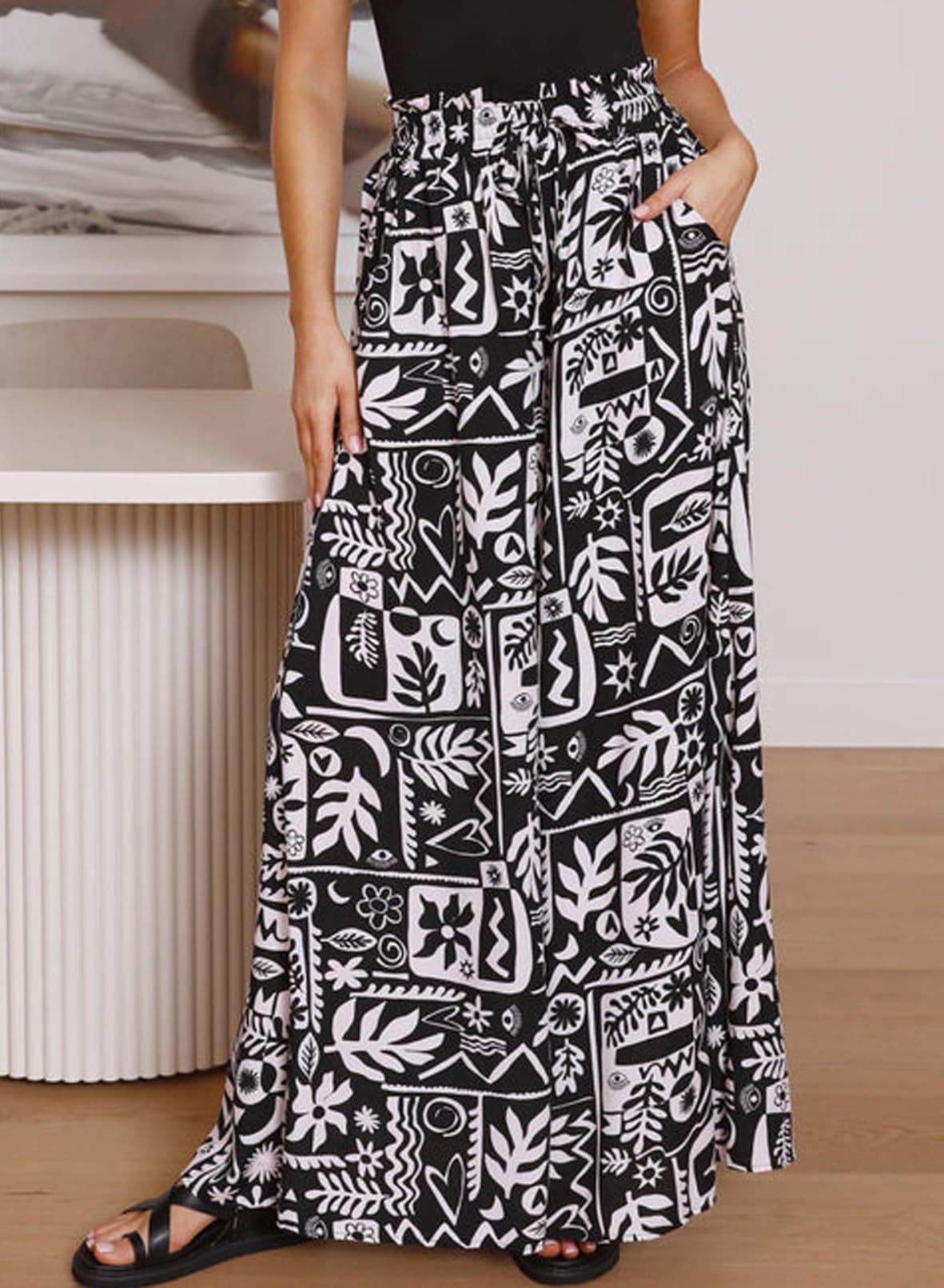 Flowers Printed Wide-leg Trousers Summer Casual Straight Pnats For Women Beach Clothing - Image 5