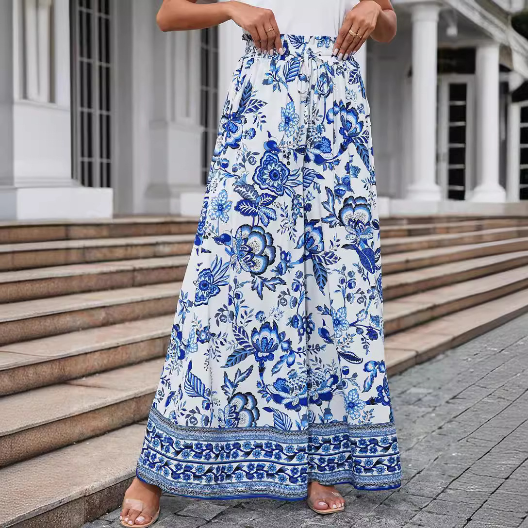 Flowers Printed Wide-leg Trousers Summer Casual Straight Pnats For Women Beach Clothing - Image 3