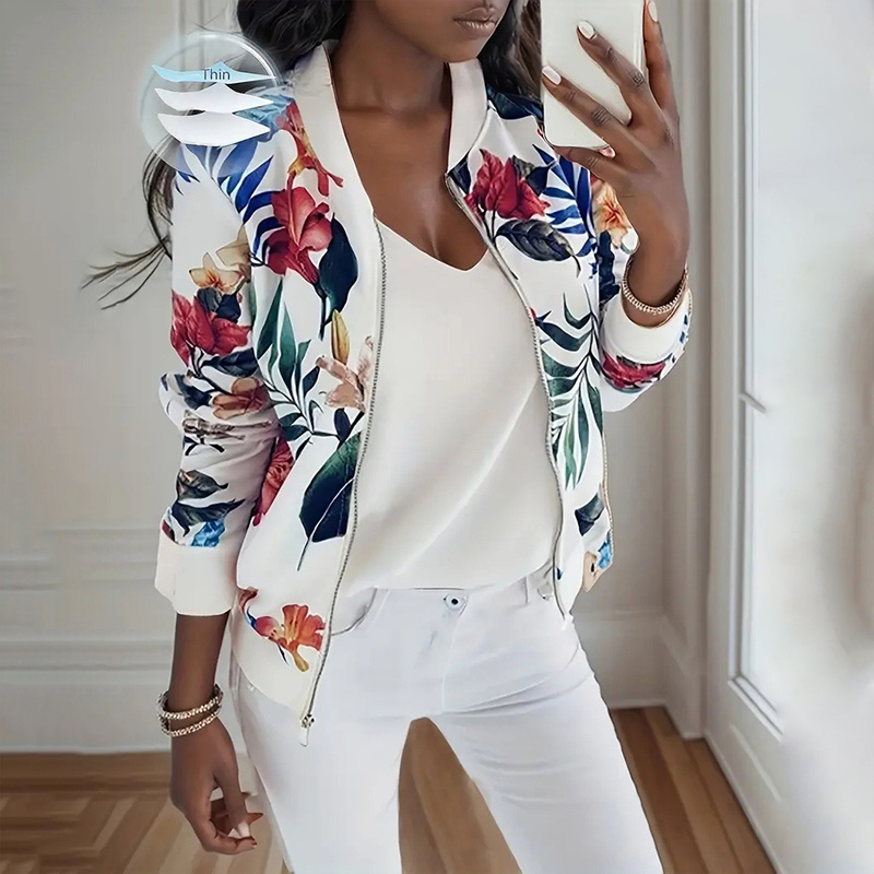 Women's Zip-Up Jacket With All-Over Botanical Print, Round Neck Long Sleeve Casual & Formal Wear For Spring&Fall - Image 3
