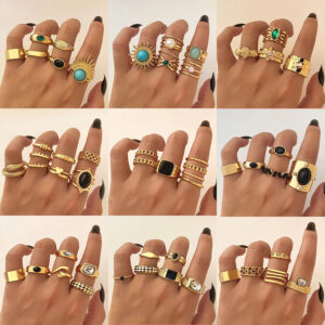 Geometric Emerald Color Natural Stone Metal Ring Plated KC Gold Ring Suit