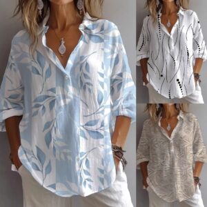 Fashion Printing Lapel Long Sleeve Shirt Top