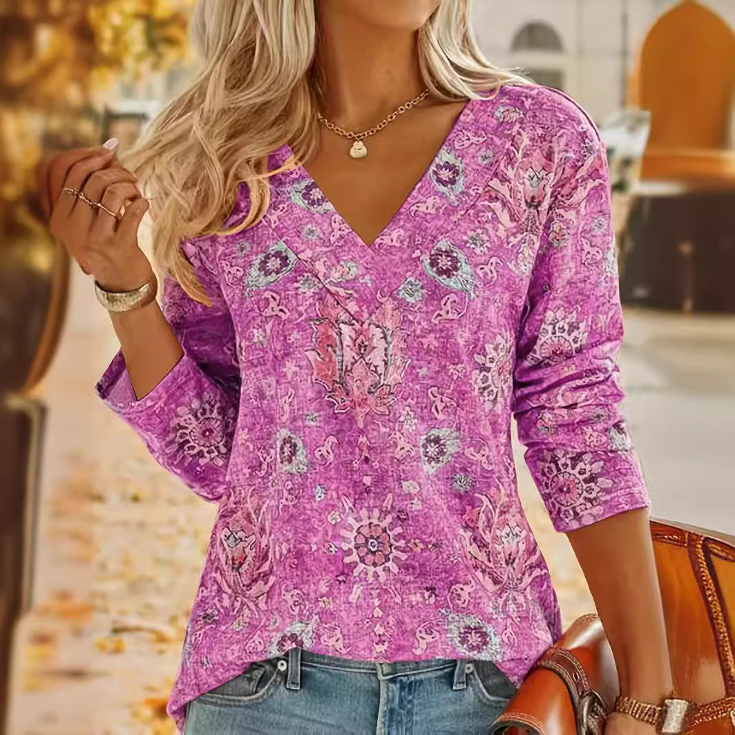 Big Size Bohemian Printed Long Sleeve T-Shirt Summer Fashion V-Neck Top Beach Clothing For Women - Image 6