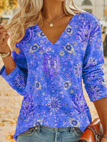 Big Size Bohemian Printed Long Sleeve T-Shirt Summer Fashion V-Neck Top Beach Clothing For Women - Image 2