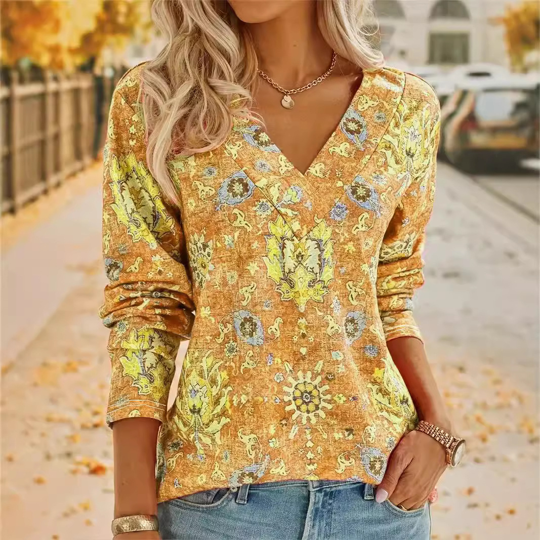 Big Size Bohemian Printed Long Sleeve T-Shirt Summer Fashion V-Neck Top Beach Clothing For Women - Image 3