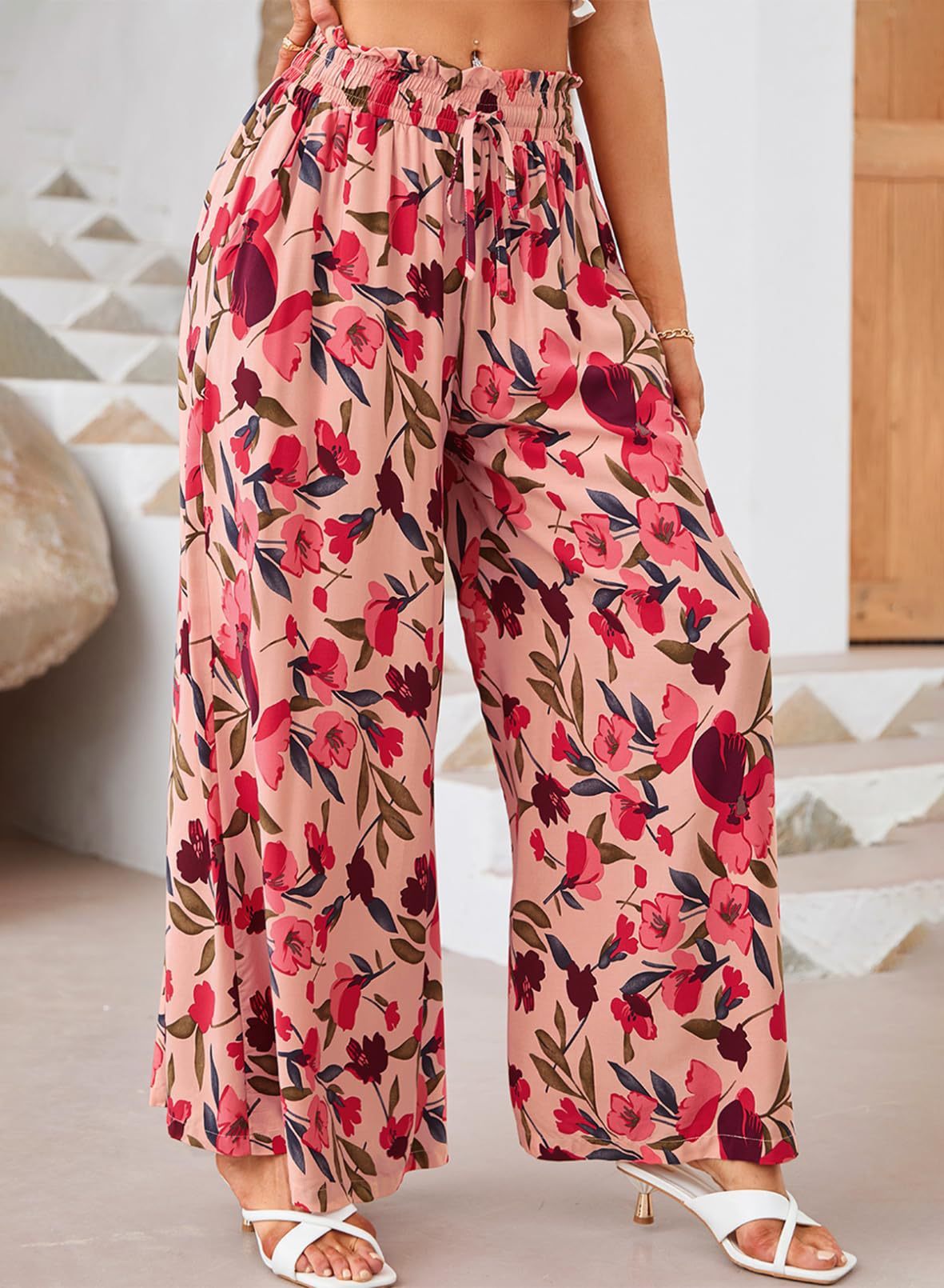 Flowers Printed Wide-leg Trousers Summer Casual Straight Pnats For Women Beach Clothing - Image 2