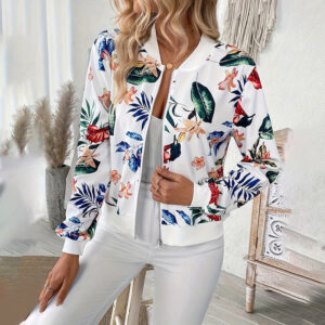 Women's Zip-Up Jacket With All-Over Botanical Print, Round Neck Long Sleeve Casual & Formal Wear For Spring&Fall