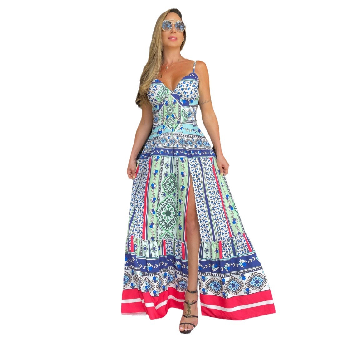 Green Printing High Slit European And American Vacation Style Long Sling Dress - Image 6
