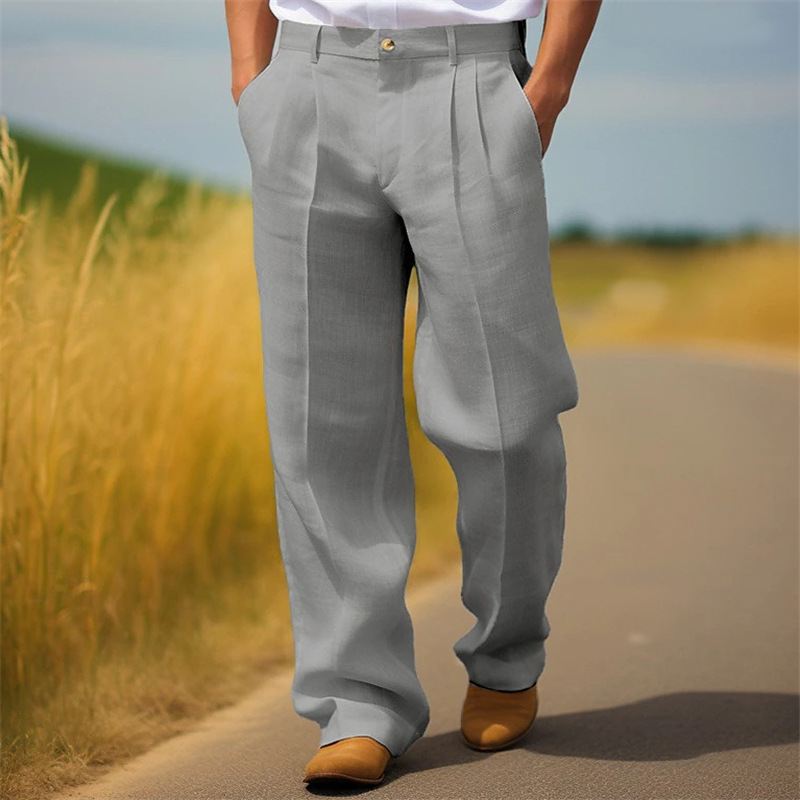 Men's Linen Solid Color Loose Straight Daily Casual Breathable Trousers - Image 3