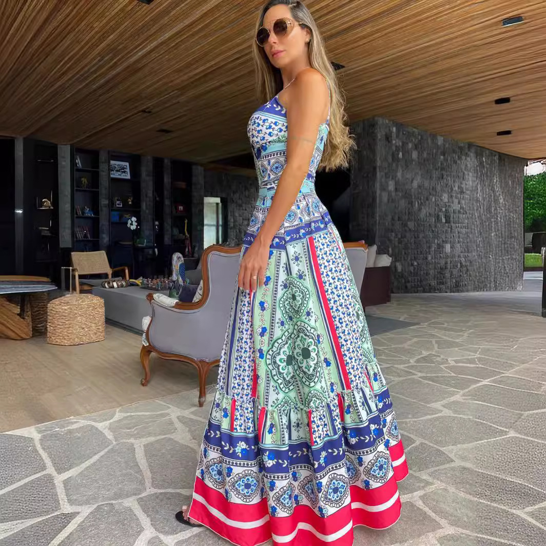 Green Printing High Slit European And American Vacation Style Long Sling Dress