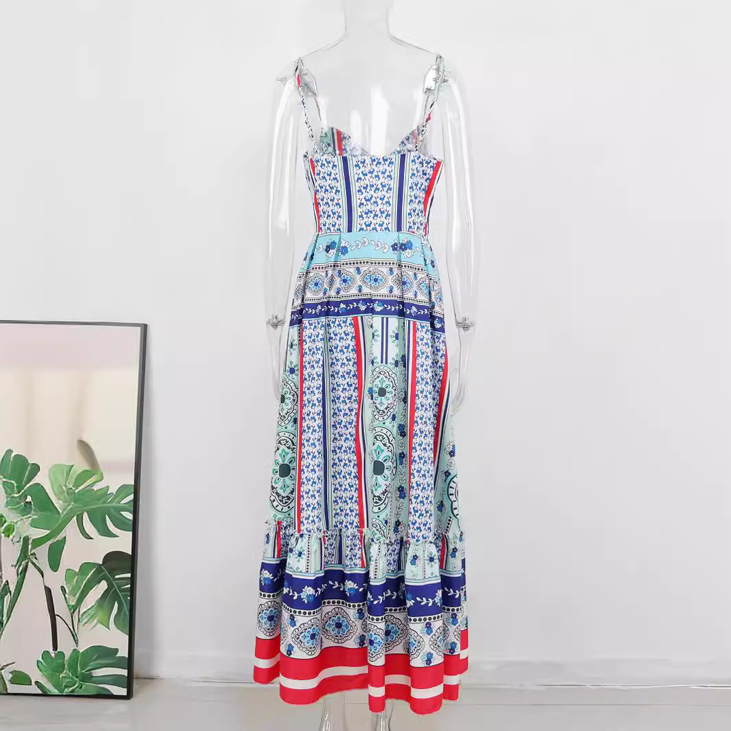 Green Printing High Slit European And American Vacation Style Long Sling Dress - Image 2