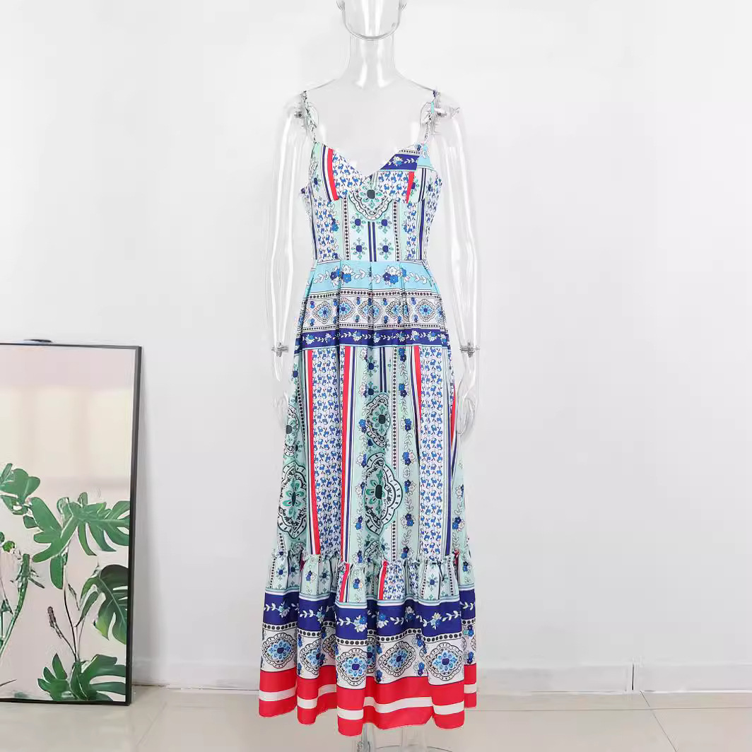 Green Printing High Slit European And American Vacation Style Long Sling Dress - Image 3