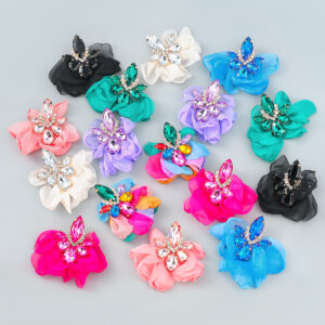 Ins Style Alloy Diamond-embedded Fabric Flower Earrings For Women