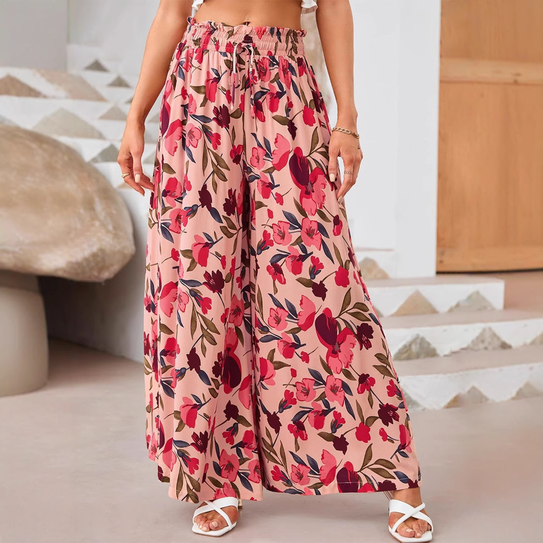 Flowers Printed Wide-leg Trousers Summer Casual Straight Pnats For Women Beach Clothing