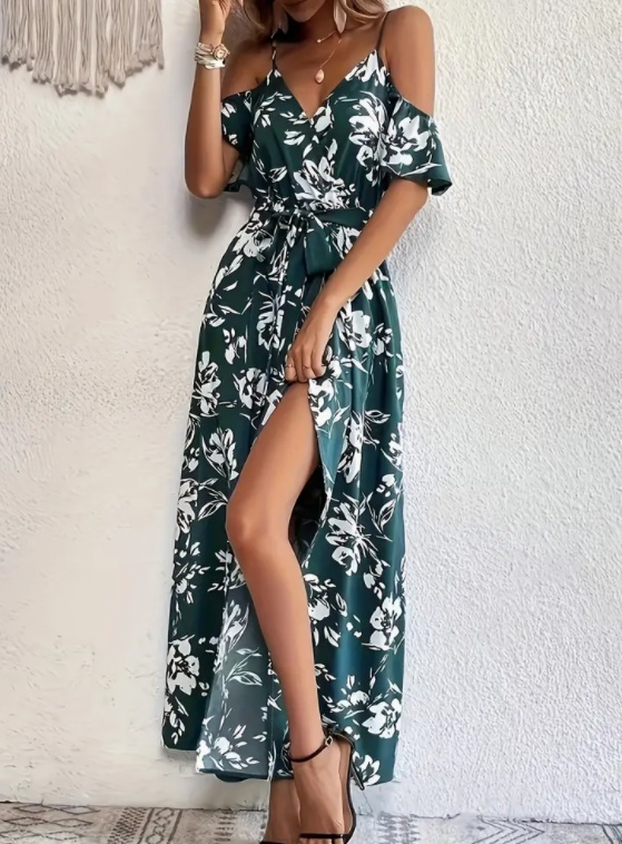 Flower Print Split Suspender Dress With Lace-up Design Summer Fashion Long Dresses Beach Clothing For Women - Image 5
