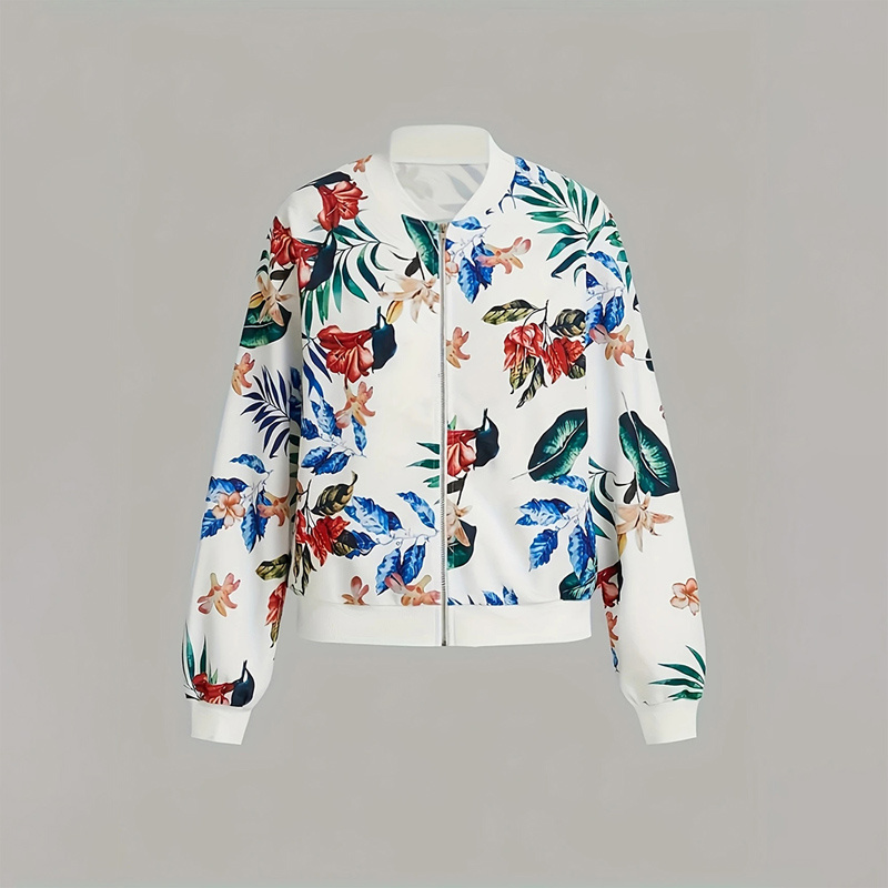 Women's Zip-Up Jacket With All-Over Botanical Print, Round Neck Long Sleeve Casual & Formal Wear For Spring&Fall - Image 2